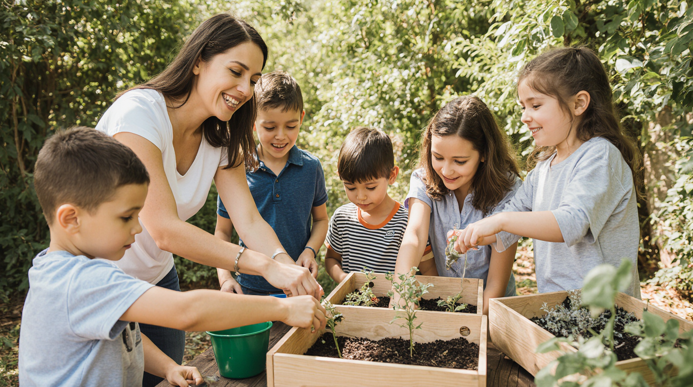 Kinder pflanzen gemeinsam Gemüse im Kita-Garten und lernen so spielerisch Nachhaltigkeit